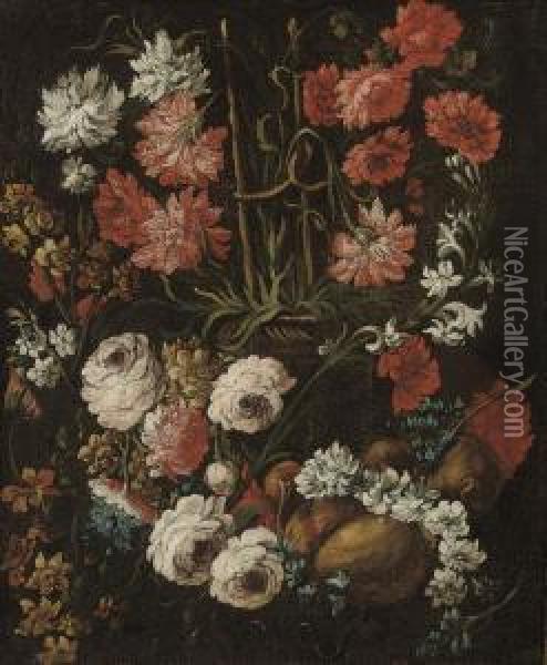 Chrysanthemums, Hyacinths And Peonies In An Urn Oil Painting - Elisabetta Marchioni Active Rovigo