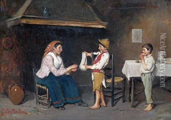 Bauerliches Kucheninterieur Mit Mutter Und Kindern Oil Painting - Giuseppe Constantini