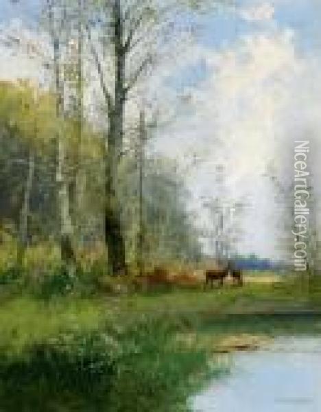 Aulandschaft Mit Wildenten Bzw. Rotwild Auf Waldlichtung Oil Painting - Georg Fischof