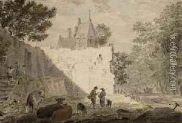 Townspeople And Cattle Near A Ruine Oil Painting - Cornelius van Noorde