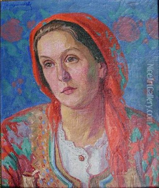 Portret Dziewczyny W Chuscie Oil Painting - Jozef Krasnowolski