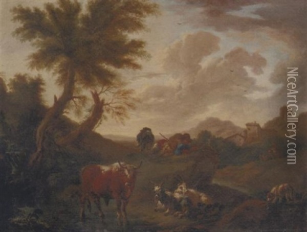 An Italianate Landscape With A Herdsman With Goats And Cattle Oil Painting - Jacob (Rosa di Napoli) Roos