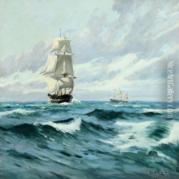 The Danish Frigate Jylland At Sea In Evening Light Oil Painting - Carl Locher