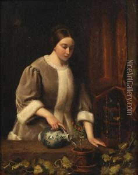 Girl With Delft Pitcher Oil Painting - Johannes Christoffel Vaarberg