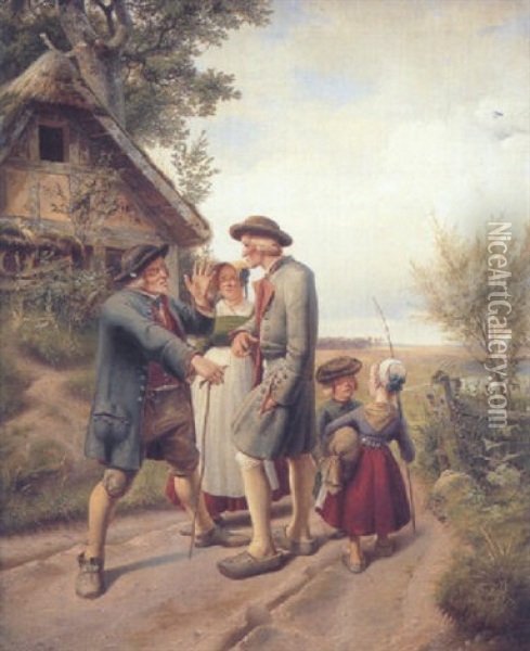 Figures Before A Cottage In A Wooded River Landscape Oil Painting - Adolf Schroedter
