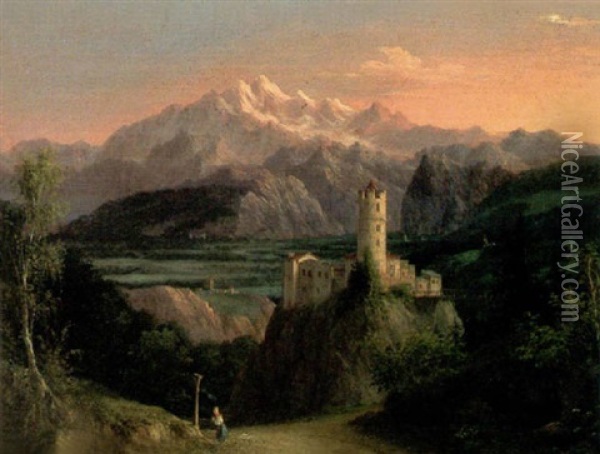 Castle Within A Mountainous Landscape Oil Painting - Wenzel Seykora