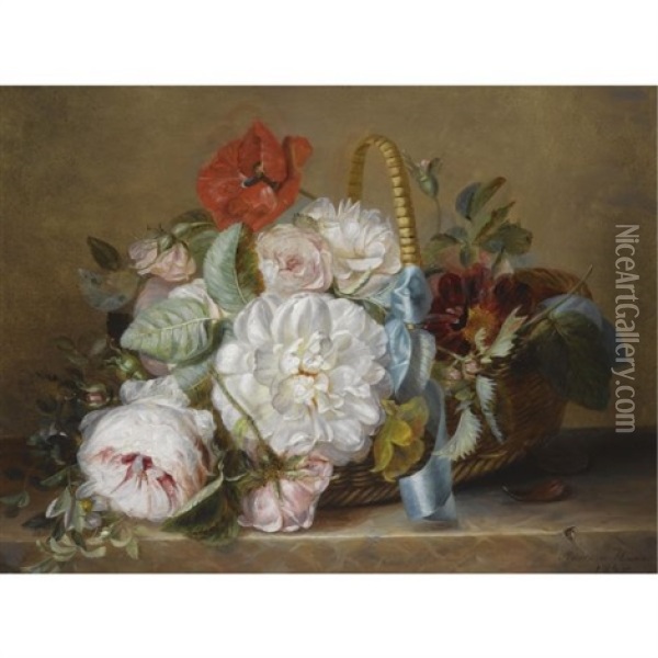 Flowers In A Basket Oil Painting - Adriana Johanna Haanen