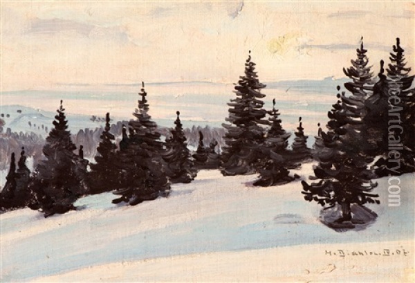 Evening Winter Landscape With Fir Trees Oil Painting - Hermann Dischler