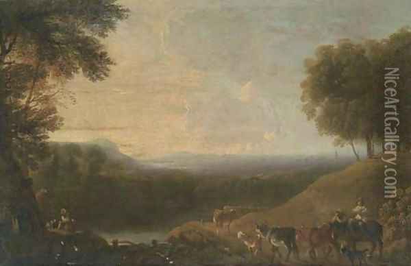 A wooded river landscape with a drover and cattle on a track Oil Painting - Nicolaes Berchem