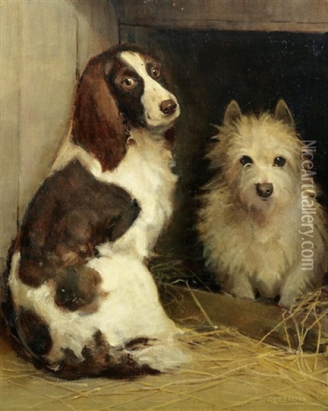 Spaniel And Terrier In A Kennel Oil Painting - Samuel Fulton