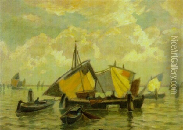 Fruher Morgen In Der Lagune Mit Fischerbooten Auf Dem Wasser Oil Painting - Ludwig Dill