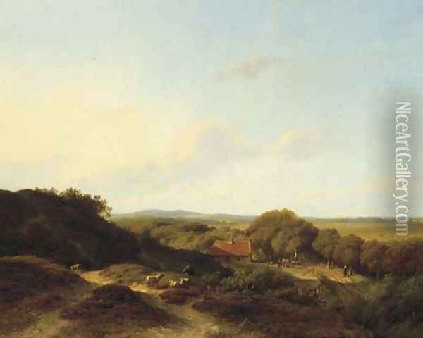 A panoramic dune landscape with a sportsman in the foreground Oil Painting - Willem Vester