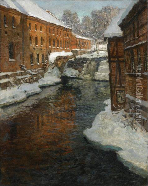 Fra Akerselven (the Akerselven River In The Snow) Oil Painting - Fritz Thaulow