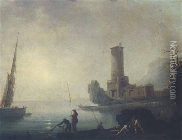 Mediterranean Capriccio Harbour Scene With Fishermen Oil Painting - Francesco Fidanza