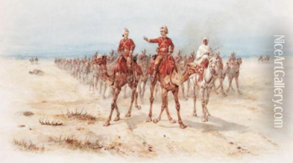 Officers Leading A Column Mounted On Camels Oil Painting - Orlando Norie