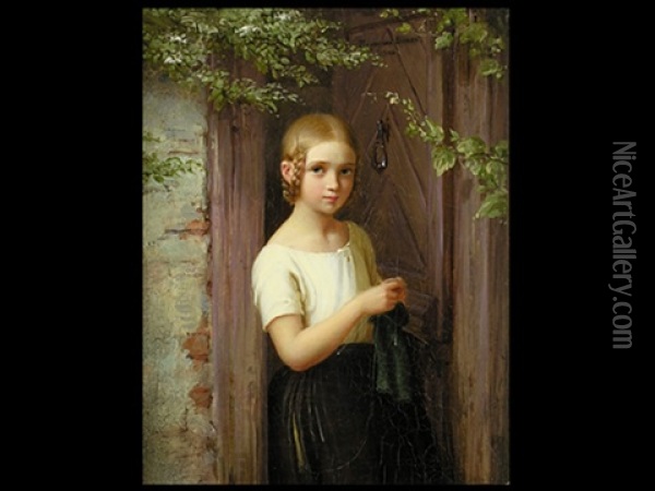 Strickendes Madchen Vor Der Haustur Oil Painting - Johann Georg Meyer von Bremen