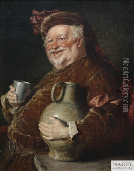 Falstaff Am Tisch Mit Weinkrug Und Zinnbecher Oil Painting - Eduard von Gruetzner