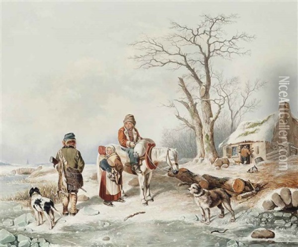 Trappers And Their Dogs Oil Painting - Erling Carl Wilhelm Eckersberg