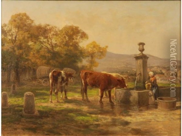 Vaches Et Fermiere A La Fontaine Oil Painting - Clement (Charles-Henri) Quinton