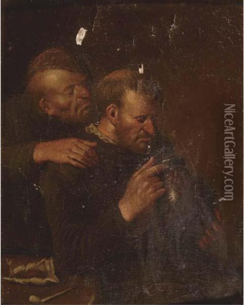 Two Peasants Smoking And Drinking Oil Painting - Egbert Jaspersz. van, the Elder Heemskerck