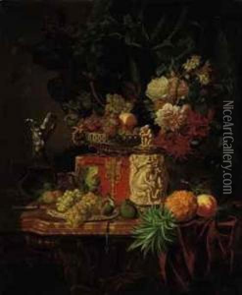 Flowers And Fruit With A Casket, A Tankard And A Flask Of Wine On A Marble Topped Table Oil Painting - Adalbert, Bela Schaffer