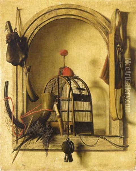 A Trompe L'oeil Of Hunting Equipment Oil Painting - Christoffel Pierson