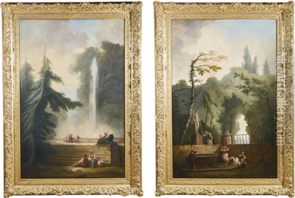 The Water Jet; The Fountain Oil Painting - Hubert Robert