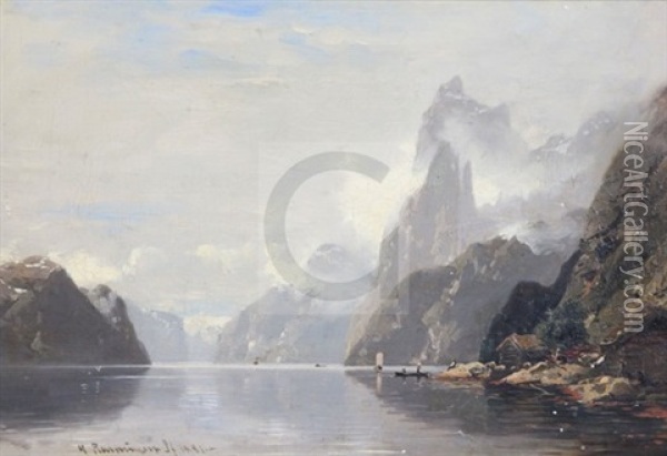 Cottages Alongside A Fjord Oil Painting - Georg Anton Rasmussen