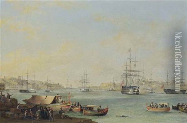 The Arrival Of The Dowager Queen Adelaide Aboard H.m.s. Hastings At The Grand Harbour, Valletta Oil Painting - Anton Schranz