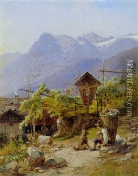 Vinplukker I Italiensk Bjerglandskab Oil Painting - Frederik Niels Martin Rohde