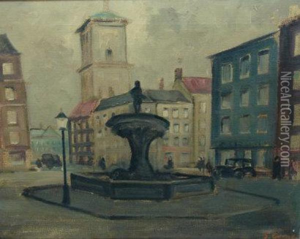 Town Square Water Fountain With Roads, Buildings And Cars
 (c.1925) Oil Painting - Jerome Stanley Conner
