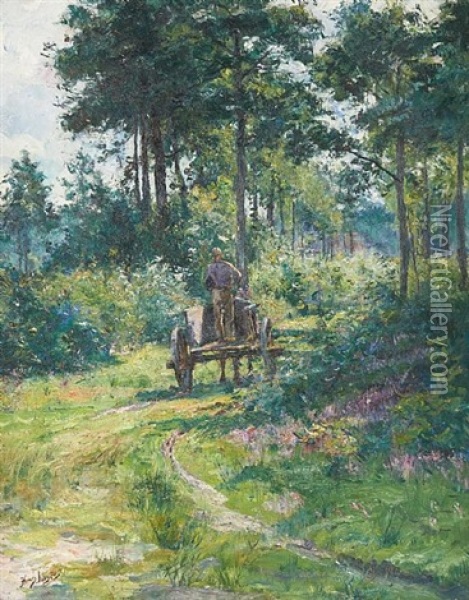 Chariot Attele Dans La Futaie Oil Painting - Jean-Henri Luyten