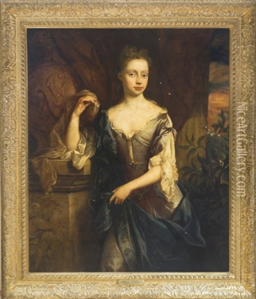 Portrait Of Jemima Crewe, Later Duchess Of Kent (d. 1728), Three-quarter Length, In A Grey Dress, Leaning On A Sculpted Pedestal Oil Painting - John Riley