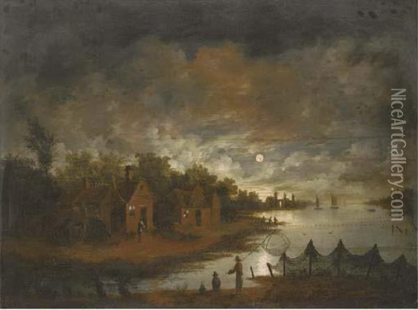 A Moonlit River Landscape With Fishermen By The Bank Oil Painting - Aert van der Neer