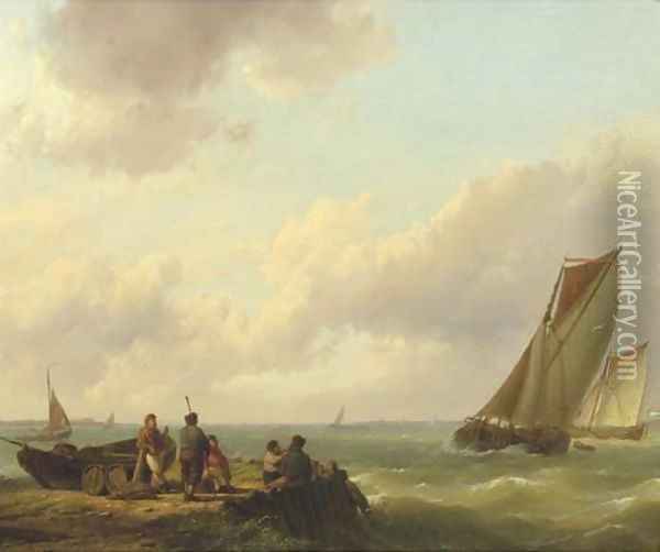 Fishermen on a jetty with sailingvessels approaching Oil Painting - Hermanus Koekkoek