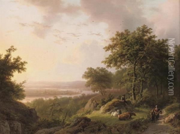 Sunset Over A Rhenish Landscape With Travellers On A Woodedpath Oil Painting - Barend Cornelis Koekkoek