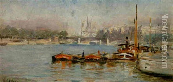 A View Of Notre-dame From The Seine, Paris Oil Painting - Hippolyte Camille Delpy