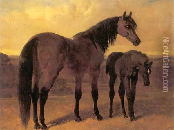 A Mare and Her Foal in a Landscape Oil Painting - John Frederick Herring Snr
