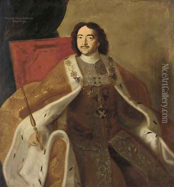 Portrait of Tsar Peter the Great, three-quarter-length sitting on the throne, in state robes with sceptre, wearing the order of St. Andrew Oil Painting - Louis Caravaque