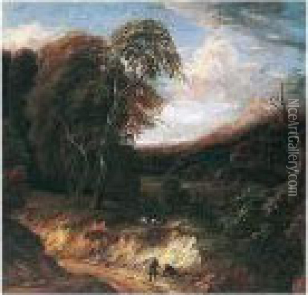 A Wooded Landscape With Figures Rested On A Path, Sheep Grazing Beyond Oil Painting - Cornelis Huysmans