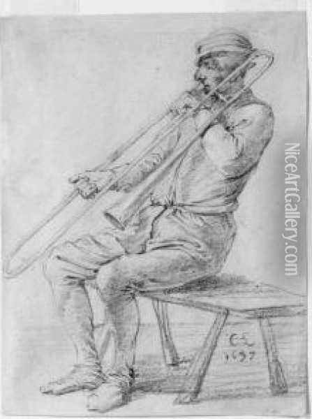 A Seated Man Playing A Sackbut Oil Painting - Cornelis Saftleven