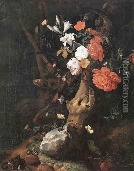 Flowers on a Tree Trunk Oil Painting - Rachel Ruysch