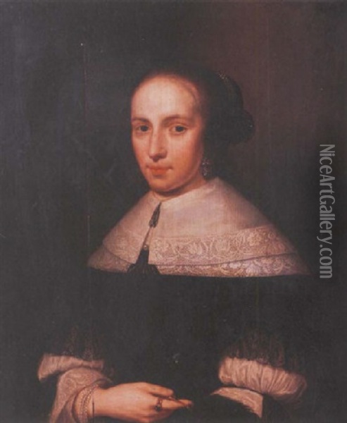 Portrait Of De Vrouw Van Ravens Aged 21 Wearing A Black Dress Trimmed With Lace And A White Linen Collar, Holding A Fan Oil Painting - Jan Jansz Westerbaen Sr.
