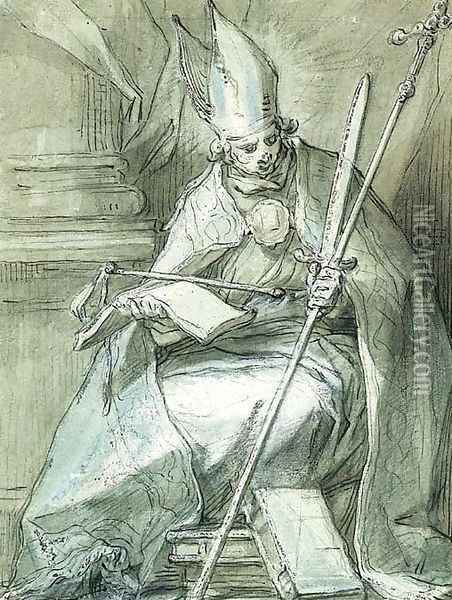 A seated Bishop holding a Crozier, a Sword, a Whip and a Book Oil Painting - Abraham Bloemaert
