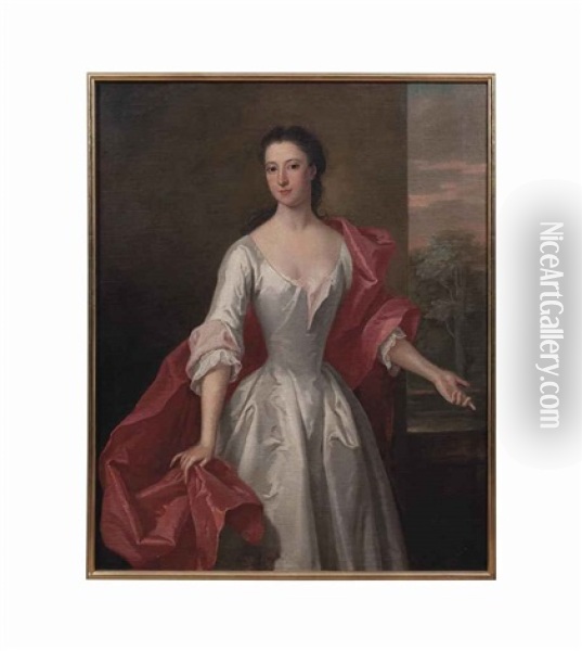 Portrait Of A Lady, Three-quarter-length, In An Oyster Satin Dress With A Red Wrap, A Landscape Beyond Oil Painting - Charles Jervas