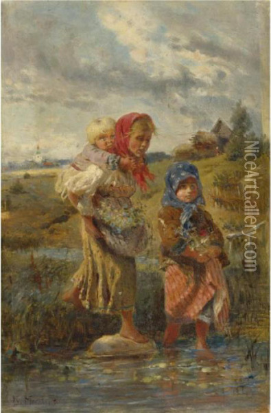 Children Crossing A Brook Oil Painting - Konstantin Egorovich Egorovich Makovsky
