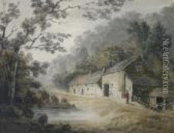 Cottages In A Wooded Landscape Oil Painting - John Varley