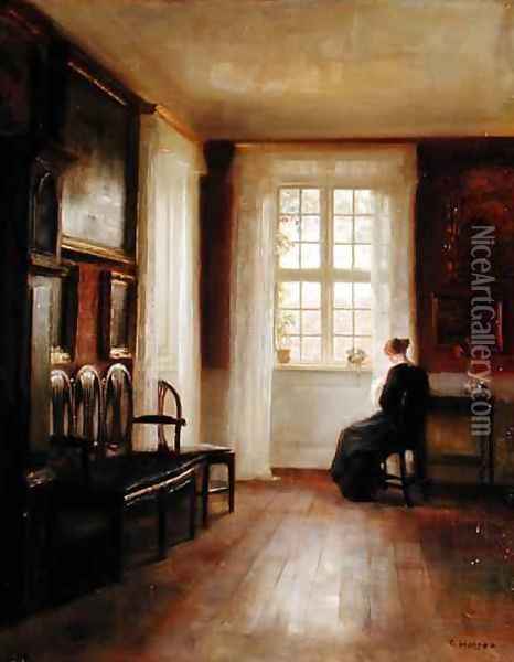Interior with Woman Sewing Oil Painting - Carl Vilhelm Holsoe