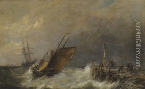 Stormy Weather: Bringing A Ship To Shore Oil Painting - Pieter Cornelis Dommershuijzen