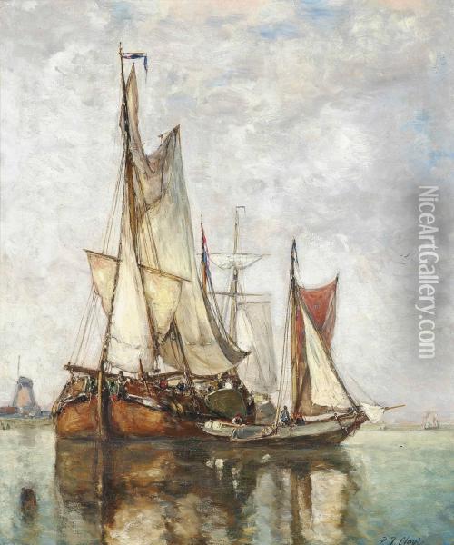 Barges Moored Before A Windmill Oil Painting - Paul-Jean Clays